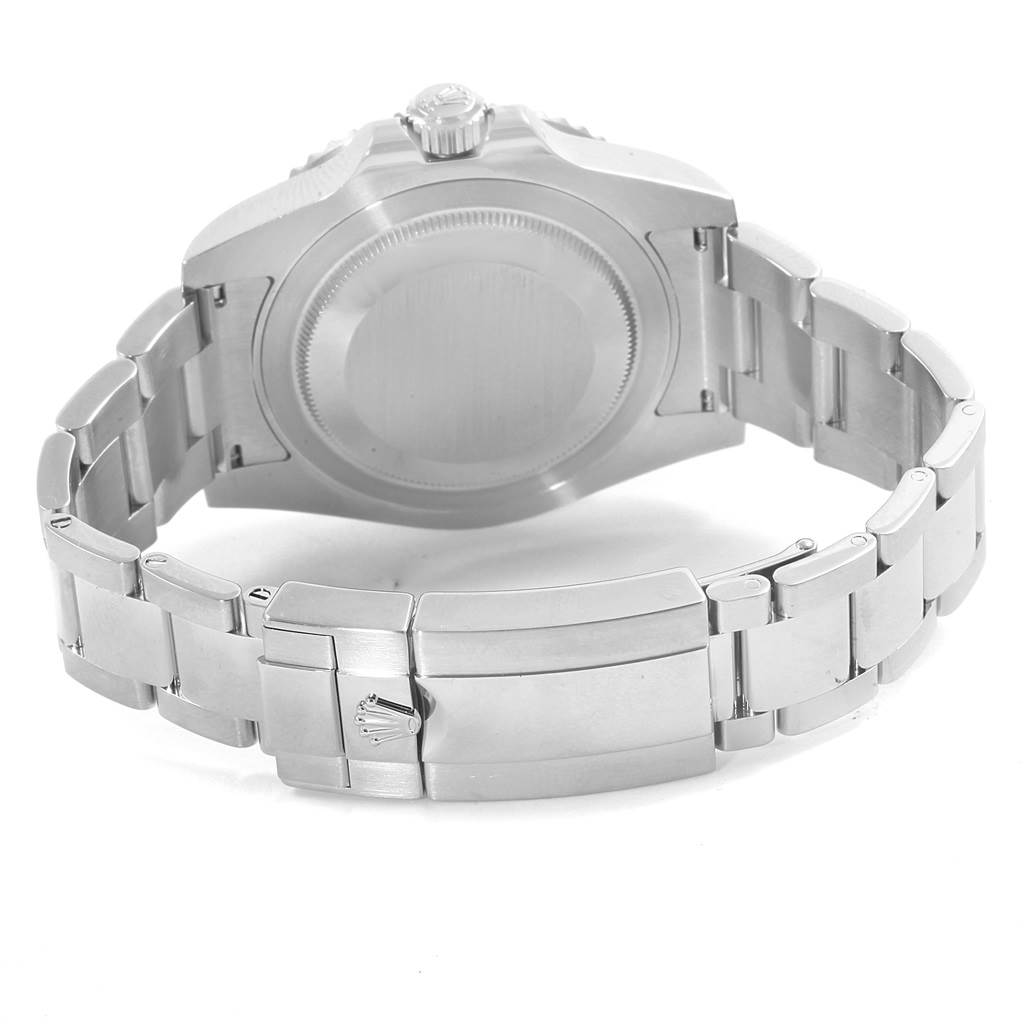 The image shows the rear view of a Rolex GMT-Master 116710 Men
s Stainless Steel Black Dial 116710 Men
s Stainless Steel Black Dial watch with its stainless steel bracelet and clasp visible.