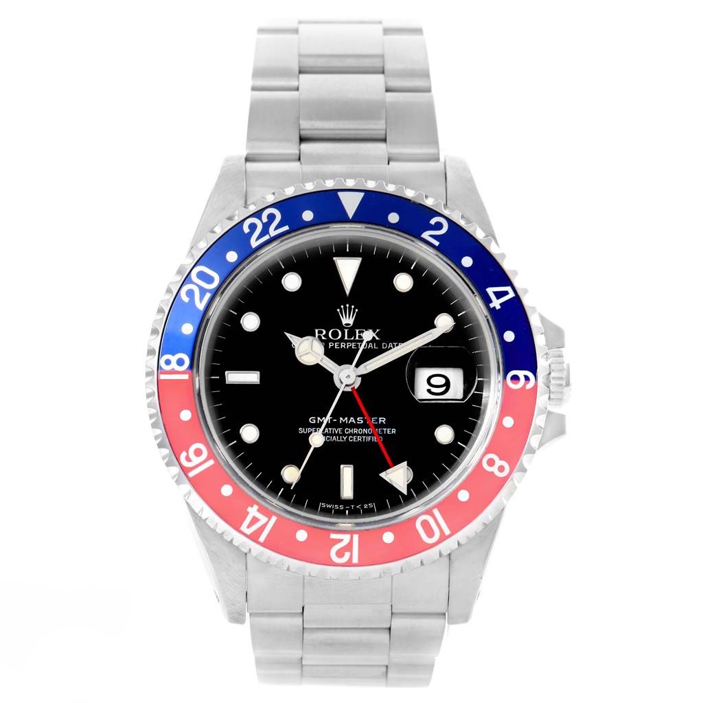 This image shows a front view of a Rolex GMT-Master 16700 Men's Stainless Steel Black Dial 16700 Men's Stainless Steel Black Dial watch, featuring a bi-color bezel and an oyster bracelet.