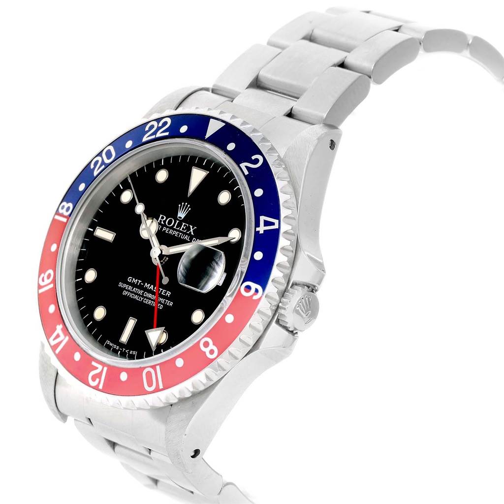 The Rolex GMT-Master 16700 Men's Stainless Steel Black Dial 16700 Men's Stainless Steel Black Dial watch is shown at an oblique angle, highlighting the face, bezel, and part of the bracelet.