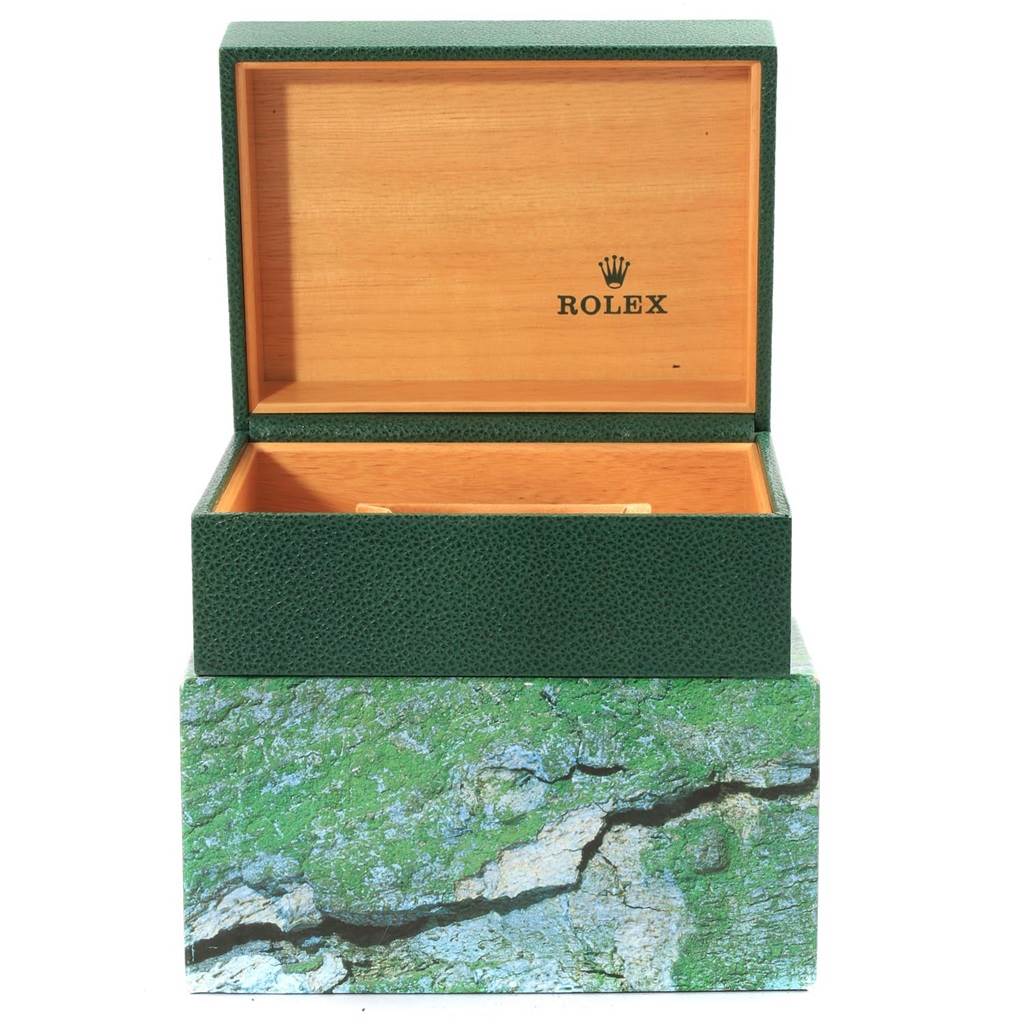 This image shows an open green and wood watch box for a Rolex GMT-Master 16710 Men's Stainless Steel Black Dial 16710 Men's Stainless Steel Black Dial model, displaying the interior and exterior details.