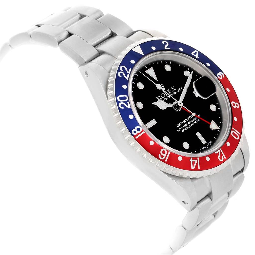 The image shows a Rolex GMT-Master 16710 Men's Stainless Steel Black Dial 16710 Men's Stainless Steel Black Dial watch at an angle displaying the bezel, watch face, hands, and bracelet.