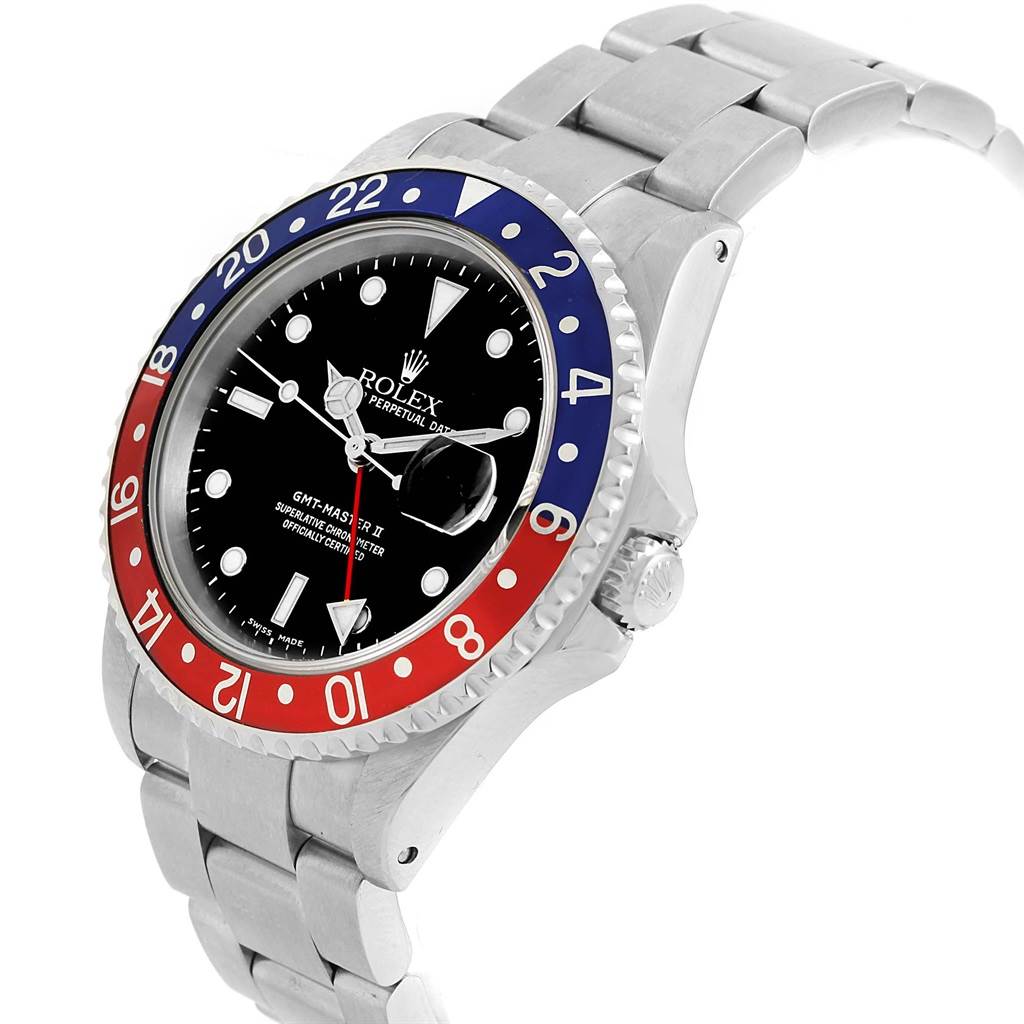 This image shows a Rolex GMT-Master 16710 Men's Stainless Steel Black Dial 16710 Men's Stainless Steel Black Dial watch from a three-quarter angle, highlighting the bezel, dial, and stainless steel bracelet.