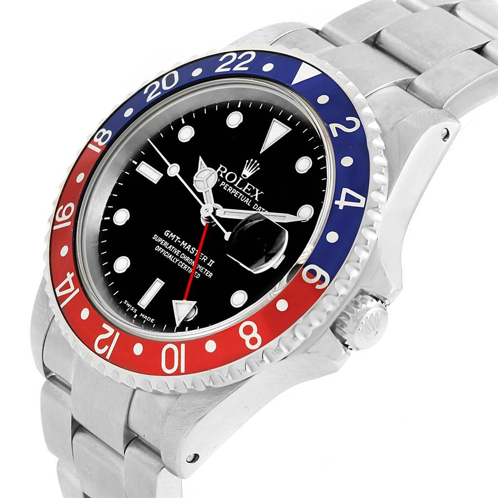 The image shows a close-up of the Rolex GMT-Master 16710 Men's Stainless Steel Black Dial 16710 Men's Stainless Steel Black Dial II watch dial, bezel, and part of the bracelet at an angle.