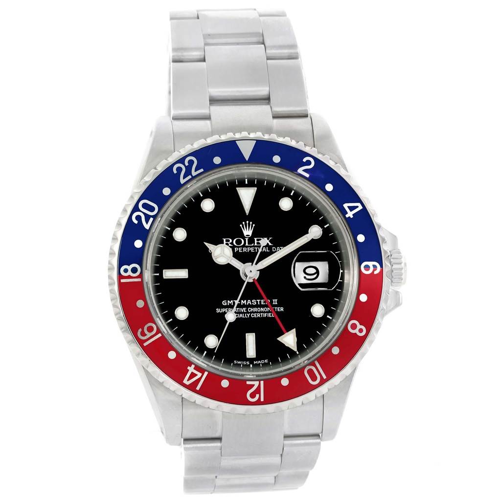 The image shows a frontal view of the Rolex GMT-Master 16710 Men's Stainless Steel Black Dial 16710 Men's Stainless Steel Black Dial II watch, highlighting its bezel, dial, case, and bracelet.