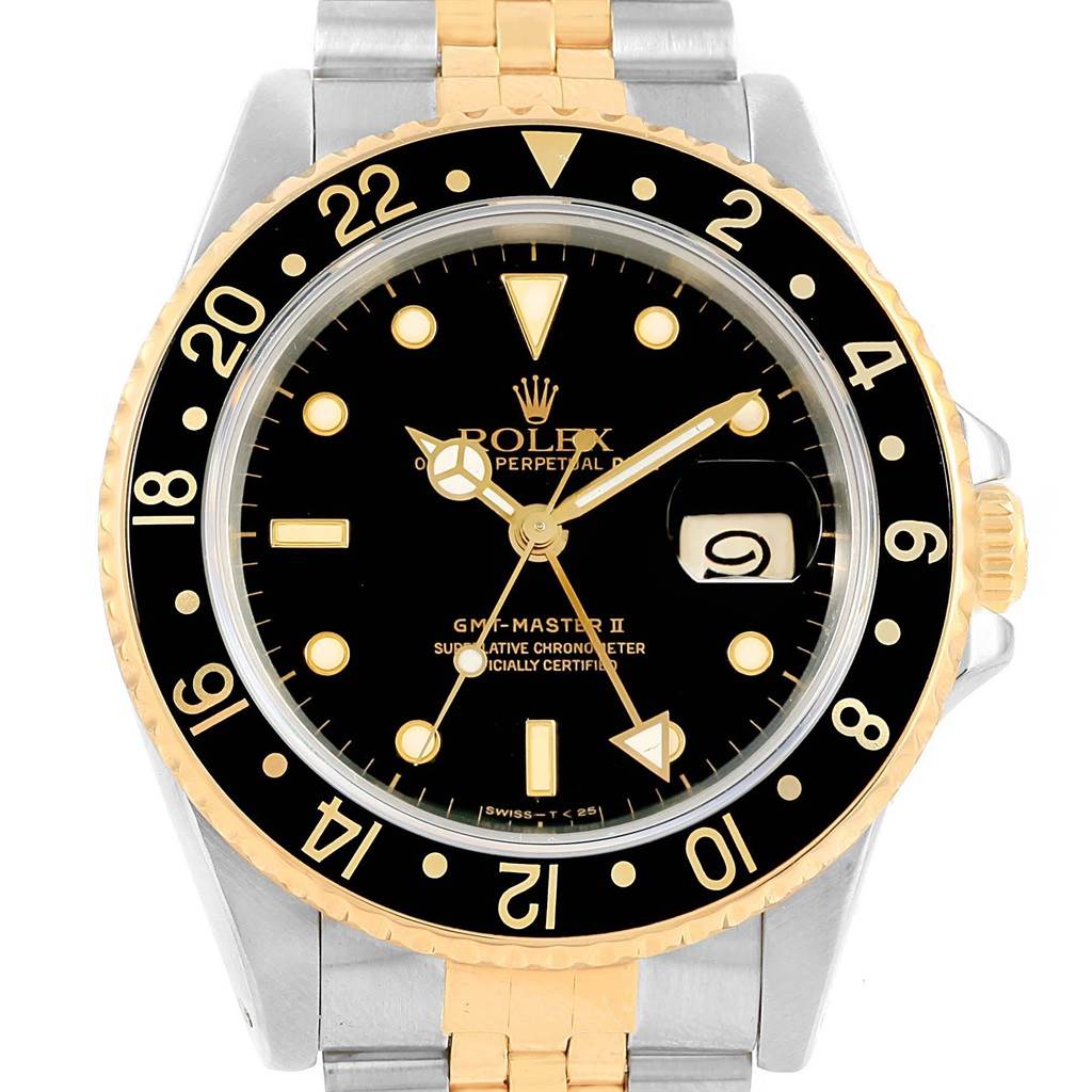 The image shows the face, bezel, and part of the bracelet of a Rolex GMT-Master 16713 Men's Stainless Steel Black Dial 16713 Men's Stainless Steel Black Dial II watch, viewed from the front.