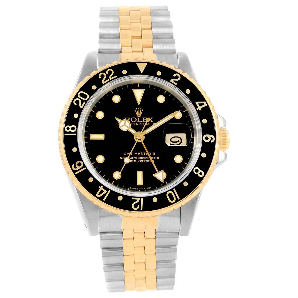 This is a front angle of a Rolex GMT-Master 16713 Men's Stainless Steel Black Dial 16713 Men's Stainless Steel Black Dial II watch showcasing the dial, bezel, and bracelet.