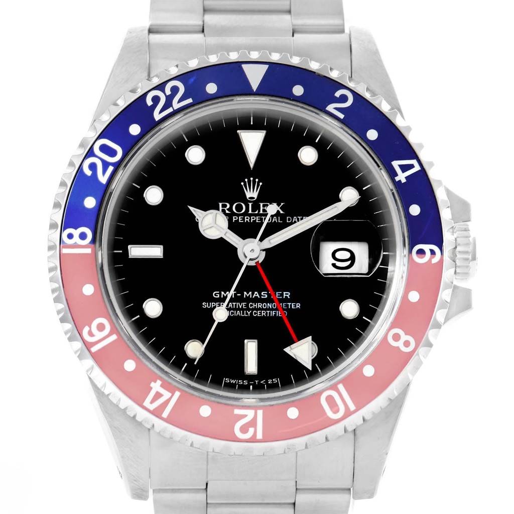 This image shows the face, bezel, case, and part of the bracelet of a Rolex GMT-Master 16700 Men's Stainless Steel Black Dial 16700 Men's Stainless Steel Black Dial watch.