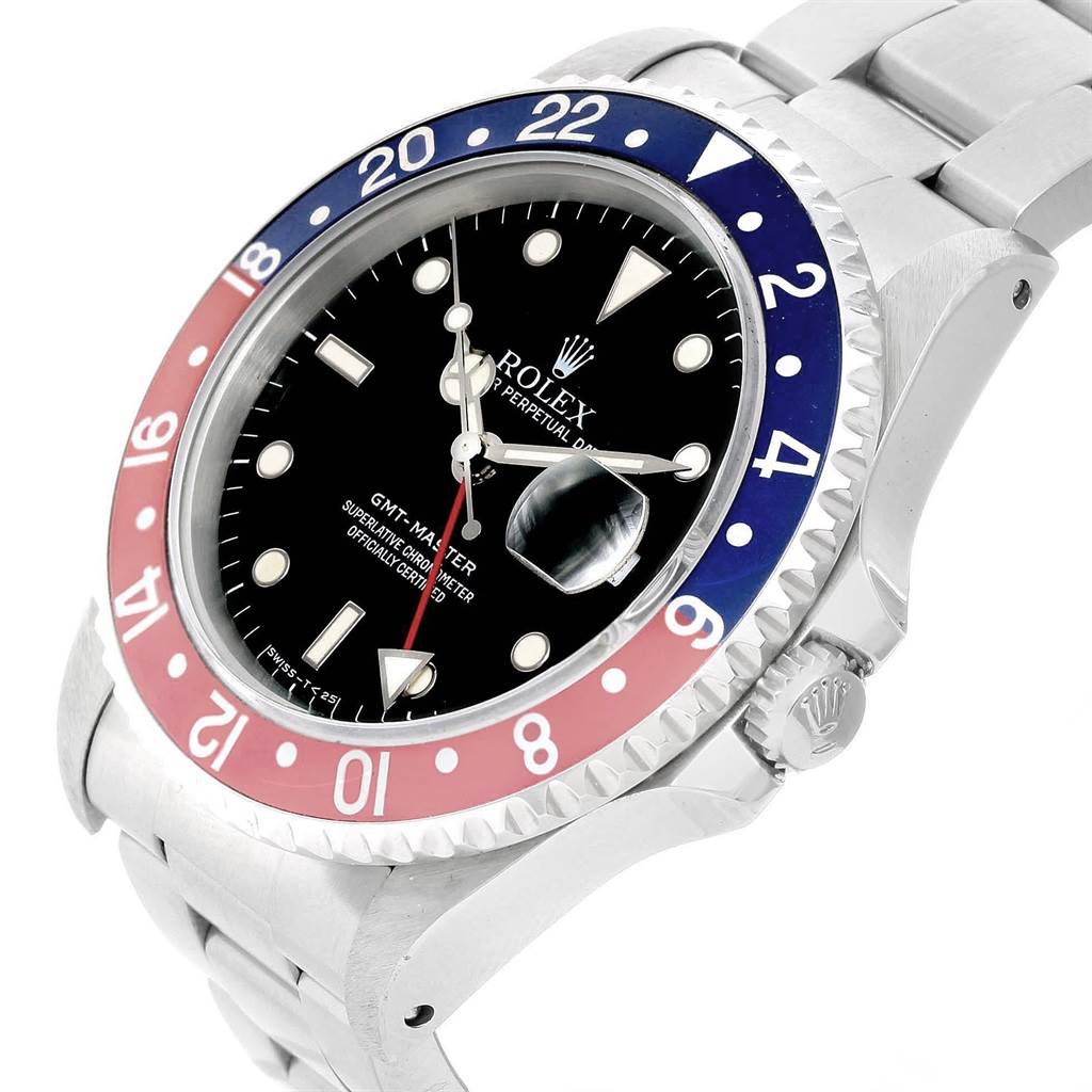 The Rolex GMT-Master 16700 Men's Stainless Steel Black Dial 16700 Men's Stainless Steel Black Dial watch is shown from an angled top view, highlighting its dial, bezel, crown, and part of the bracelet.