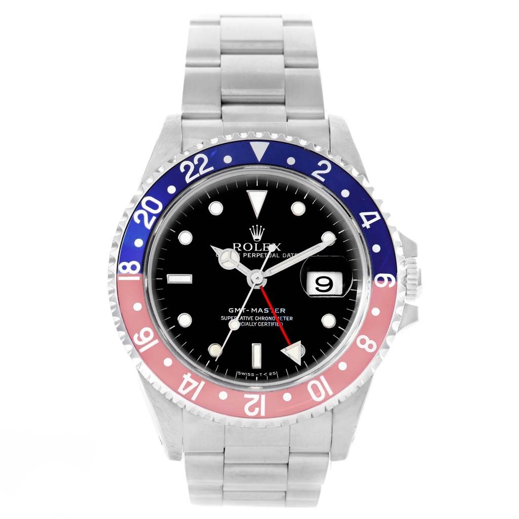 The image shows a full front view of a Rolex GMT-Master 16700 Men's Stainless Steel Black Dial 16700 Men's Stainless Steel Black Dial watch, highlighting the face, bezel, crown, and bracelet.