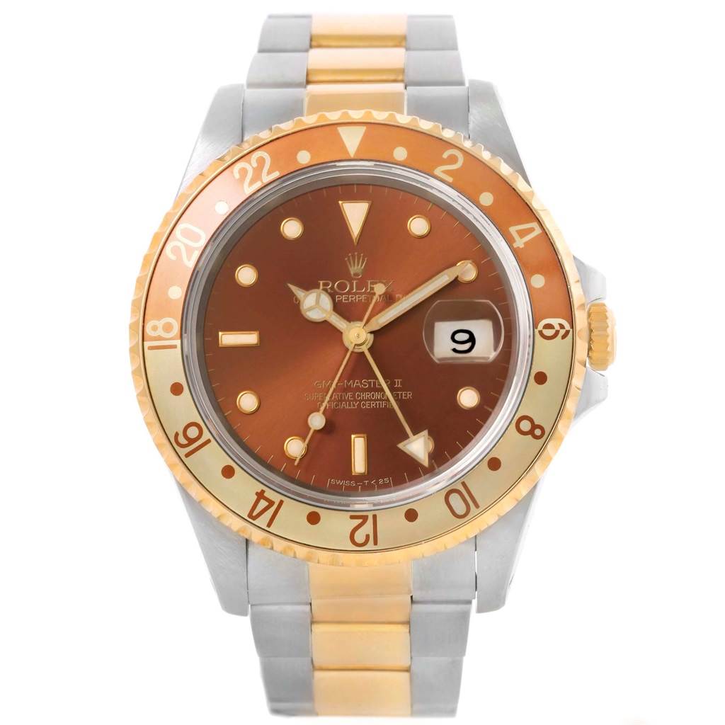 The image shows a front view of a Rolex GMT-Master 16713 Men's Stainless Steel Brown Dial 16713 Men's Stainless Steel Brown Dial watch, highlighting its face, bezel, and bracelet.
