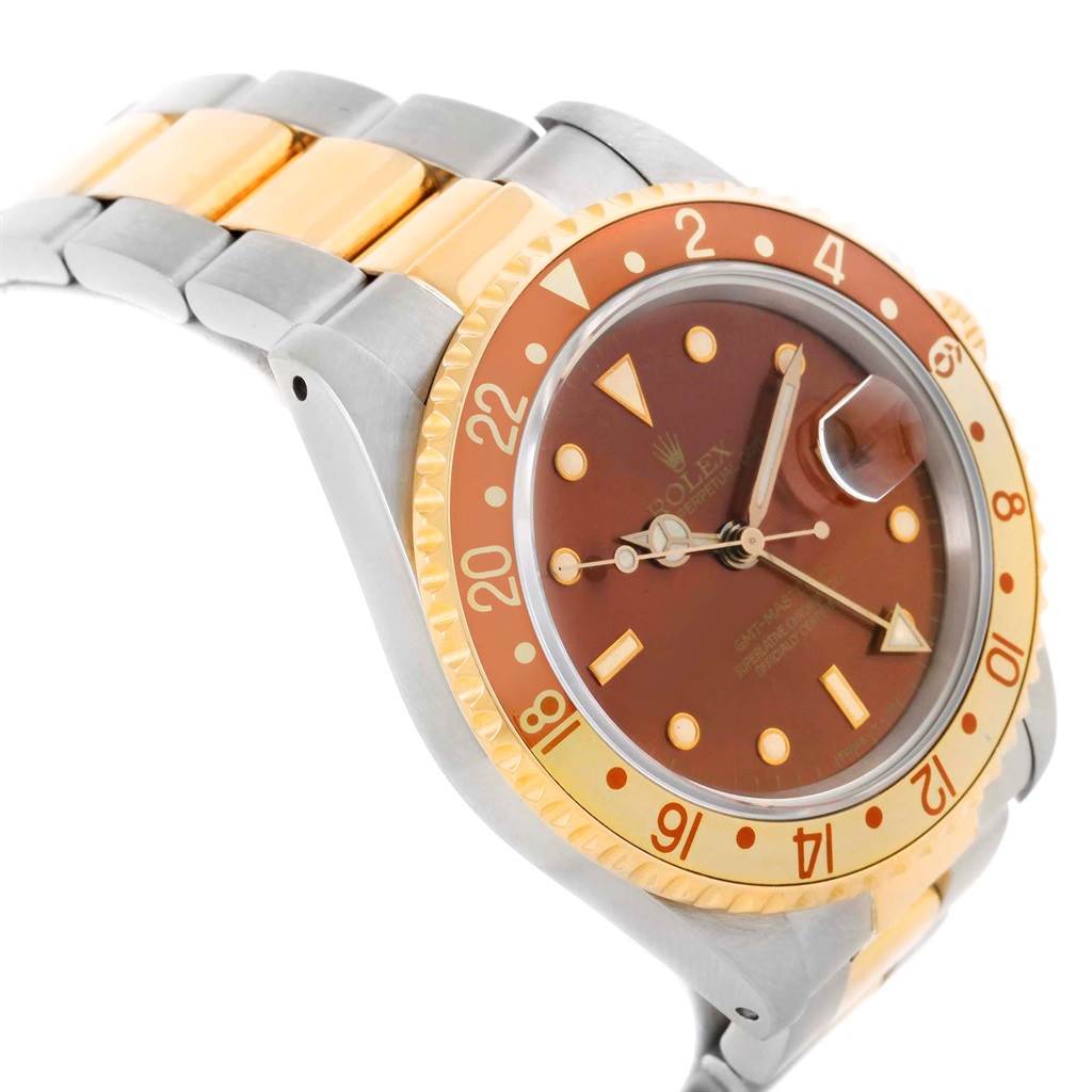 The image shows a side angle of a Rolex GMT-Master 16713 Men's Stainless Steel Brown Dial 16713 Men's Stainless Steel Brown Dial watch, highlighting the bezel, dial, case, and partially the bracelet.