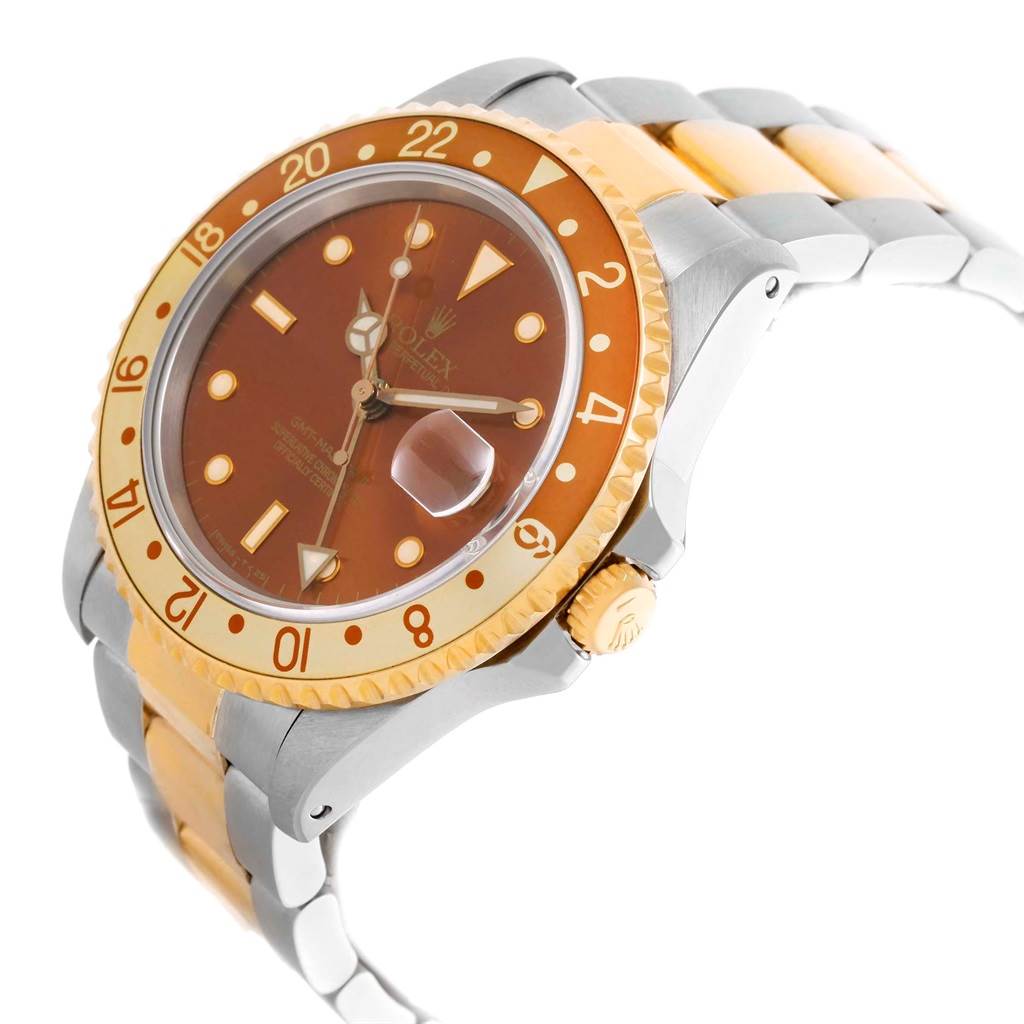 This image shows the side and partial front view of a Rolex GMT-Master 16713 Men's Stainless Steel Brown Dial 16713 Men's Stainless Steel Brown Dial watch, highlighting its bezel, crown, and bracelet.