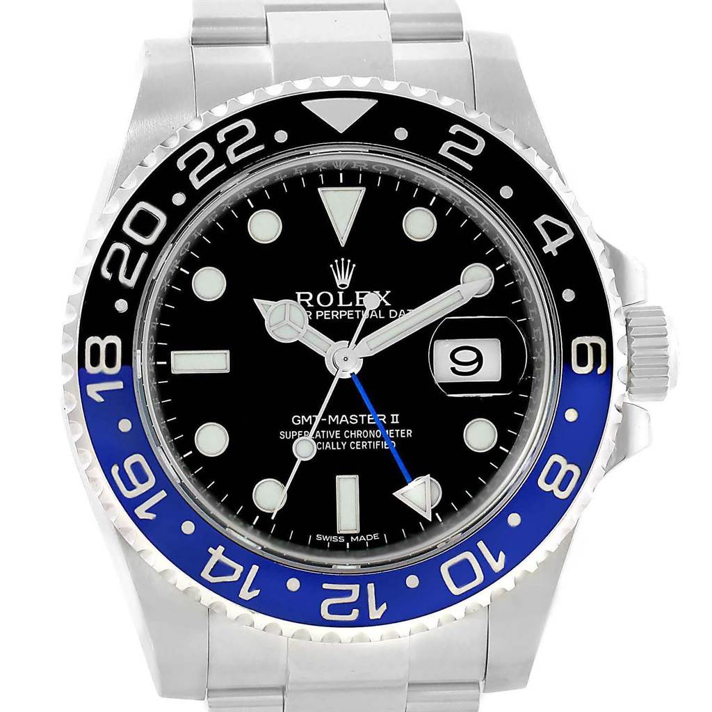 The image shows a frontal view of a Rolex GMT-Master 116710 Men's Stainless Steel Black Dial 116710 Men's Stainless Steel Black Dial II watch, focusing on the dial and bezel.