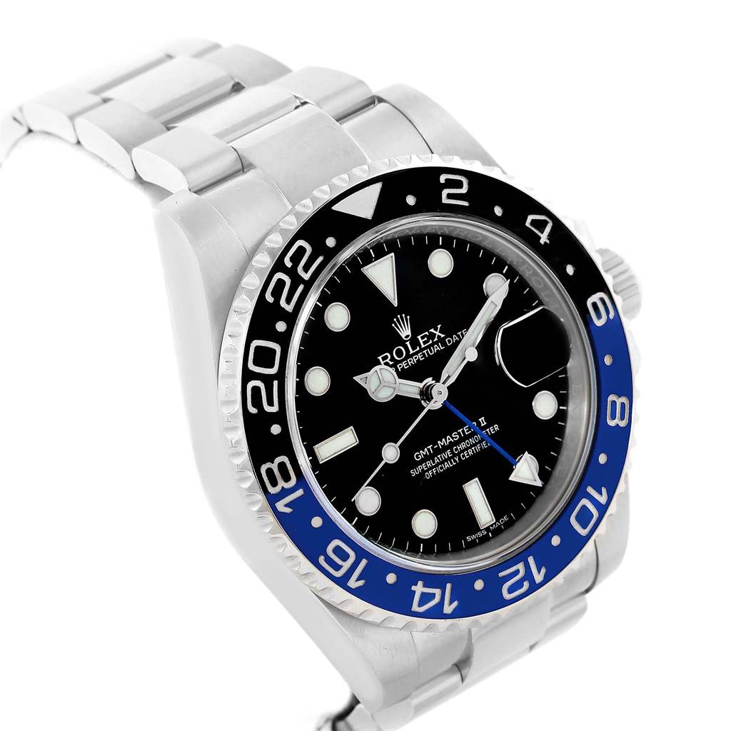 The image shows a Rolex GMT-Master 116710 Men's Stainless Steel Black Dial 116710 Men's Stainless Steel Black Dial II watch angled to display the face, bezel, and band prominently.