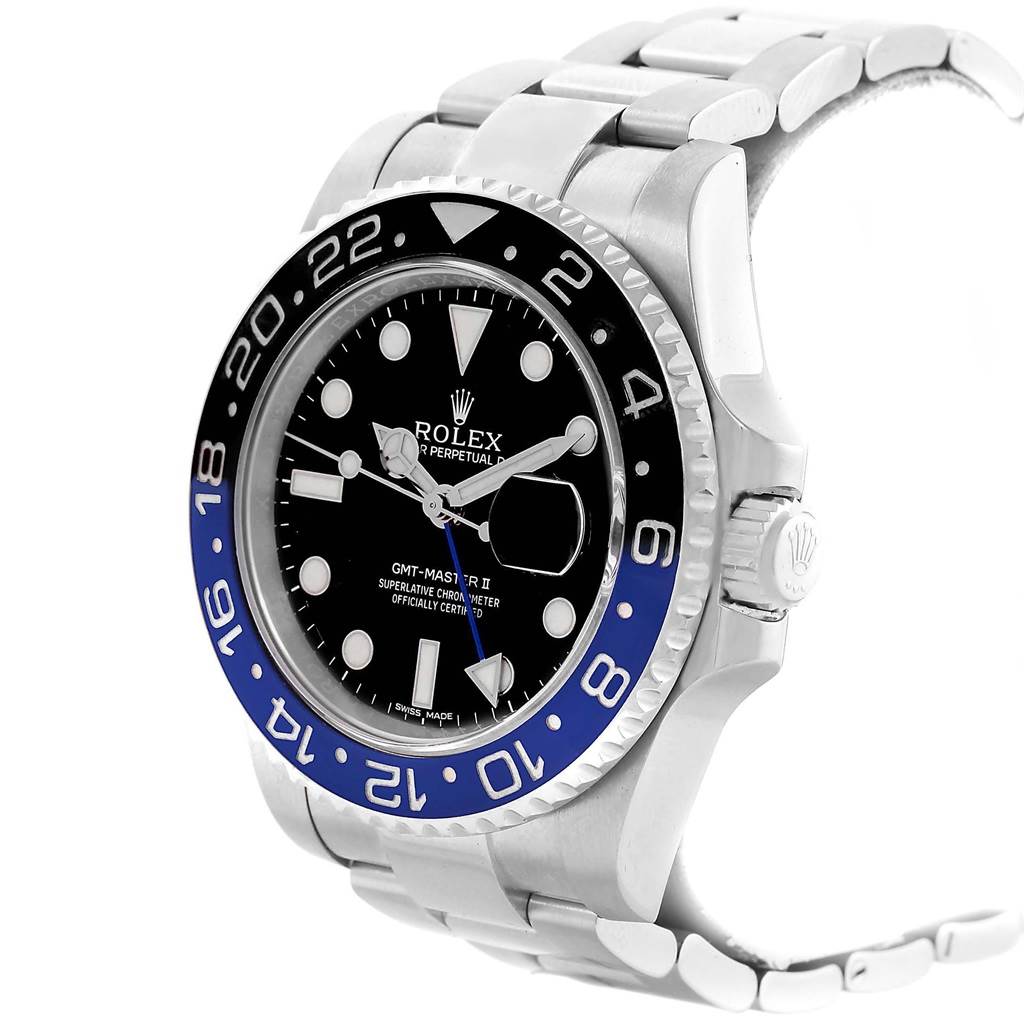 The image shows a front and side view of the Rolex GMT-Master 116710 Men's Stainless Steel Black Dial 116710 Men's Stainless Steel Black Dial II watch, highlighting the bezel, dial, and part of the bracelet.