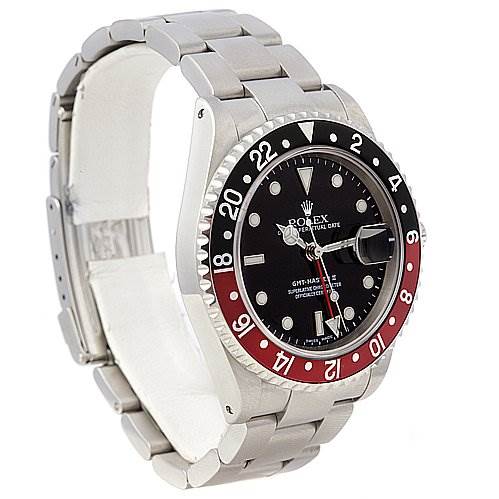 This image shows a side and front angle view of a Rolex GMT-Master 16710 Men's Stainless Steel Black Dial 16710 Men's Stainless Steel Black Dial watch, featuring its bezel, dial, and bracelet.