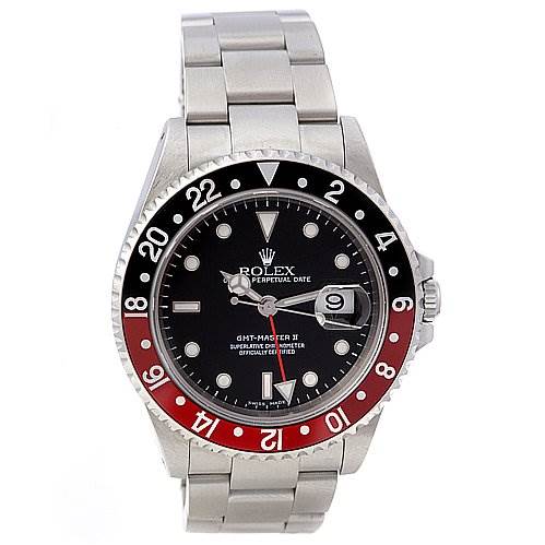 This is a frontal view of a Rolex GMT-Master 16710 Men's Stainless Steel Black Dial 16710 Men's Stainless Steel Black Dial II watch, showing its bezel, dial, bracelet, and crown.