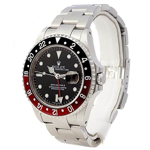 This image shows a Rolex GMT-Master 16710 Men's Stainless Steel Black Dial 16710 Men's Stainless Steel Black Dial watch at an angle that displays the face, bezel, and part of the bracelet.