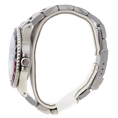 This image shows the left side profile of a Rolex GMT-Master 16710 Men's Stainless Steel Black Dial 16710 Men's Stainless Steel Black Dial watch, highlighting the case, crown, and band.