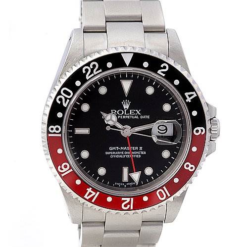 The image shows a frontal view of the Rolex GMT-Master 16710 Men's Stainless Steel Black Dial 16710 Men's Stainless Steel Black Dial II watch, displaying a black and red bezel, bracelet, dial, and date window.