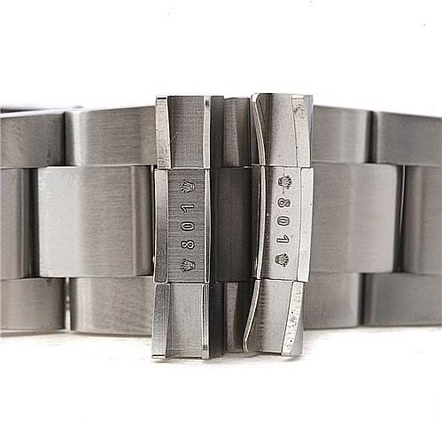 This image shows a close-up of the brushed metal bracelet clasp of the Rolex GMT-Master 16710 Men's Stainless Steel Black Dial 16710 Men's Stainless Steel Black Dial watch.