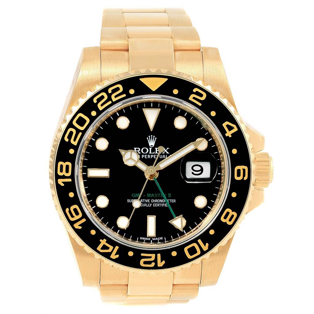 The image shows a frontal view of a Rolex GMT-Master 116718 Men
s Yellow Gold Black Dial 116718 Men
s Yellow Gold Black Dial II watch, highlighting the dial, bezel, hands, and bracelet.