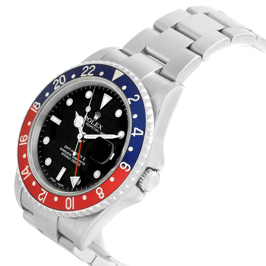 The image shows a side angle of a Rolex GMT-Master 16710 Men's Stainless Steel Black Dial 16710 Men's Stainless Steel Black Dial II watch, highlighting its bezel, dial, and bracelet.