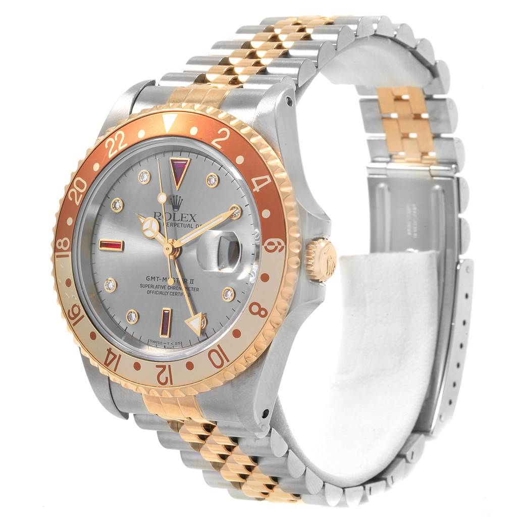 The Rolex GMT-Master 16713 Men's Stainless Steel Grey Dial 16713 Men's Stainless Steel Grey Dial watch is shown at a three-quarter angle, displaying the face, bezel, crown, and bracelet.