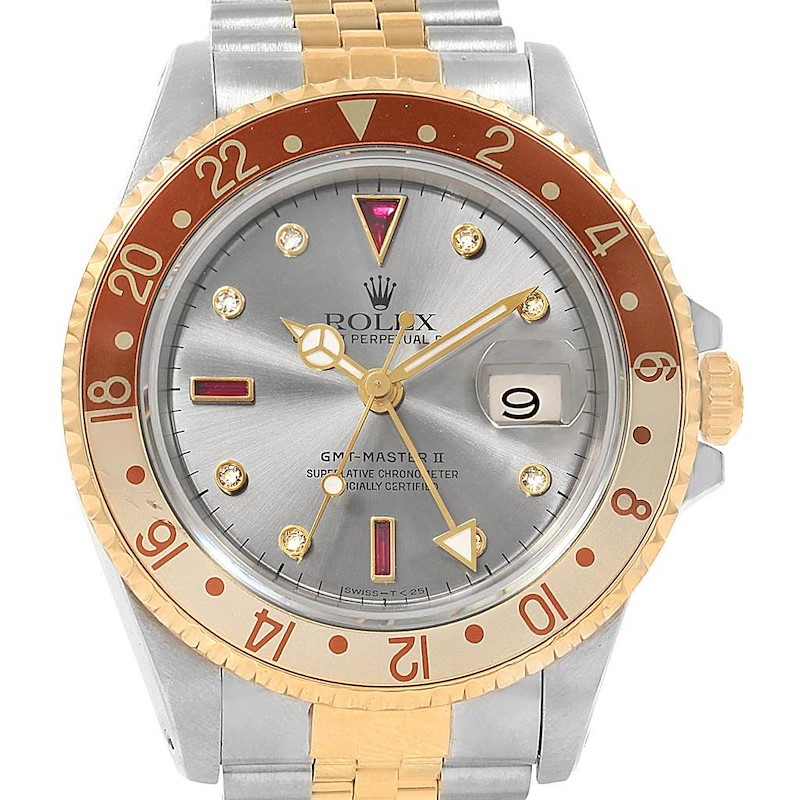 Rolex GMT Master II Mens Rootbeer Serti Yellow Gold Steel Watch 16713 SwissWatchExpo