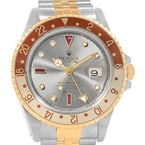 Photo of Rolex GMT Master II Mens Rootbeer Serti Yellow Gold Steel Watch 16713