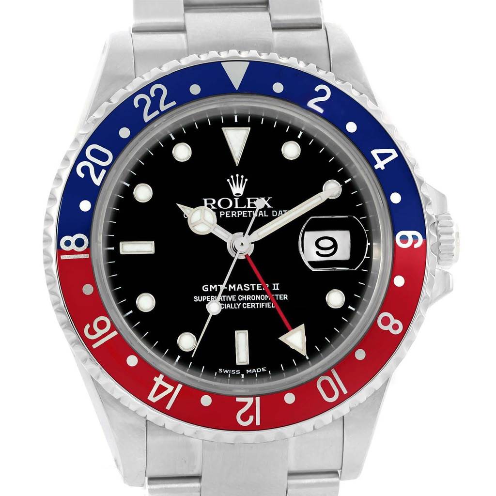This Rolex GMT-Master 16710 Men's Stainless Steel Black Dial 16710 Men's Stainless Steel Black Dial watch is shown from the front, displaying the dial, hands, bezel, and part of the bracelet.