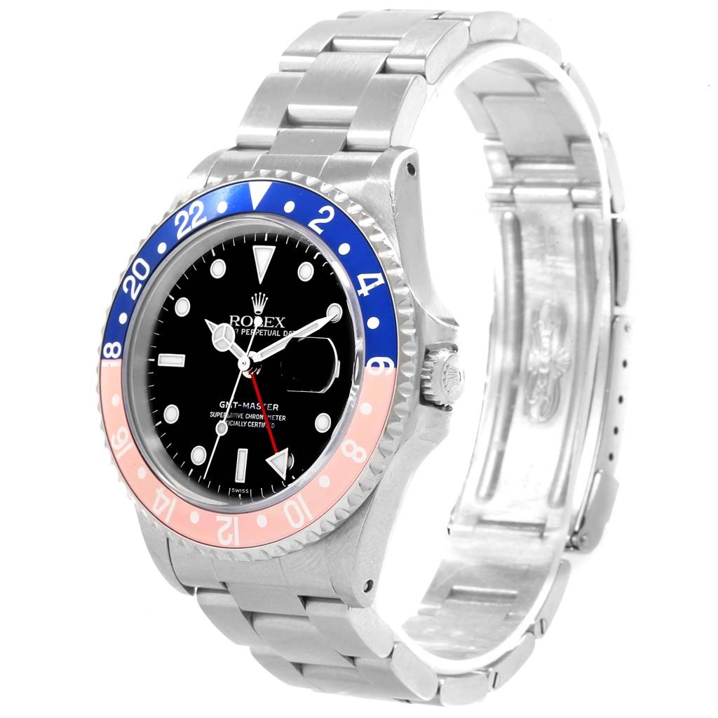 The image shows a side angle of the Rolex GMT-Master 16700 Men's Stainless Steel Black Dial 16700 Men's Stainless Steel Black Dial, featuring its bezel, dial, and bracelet.