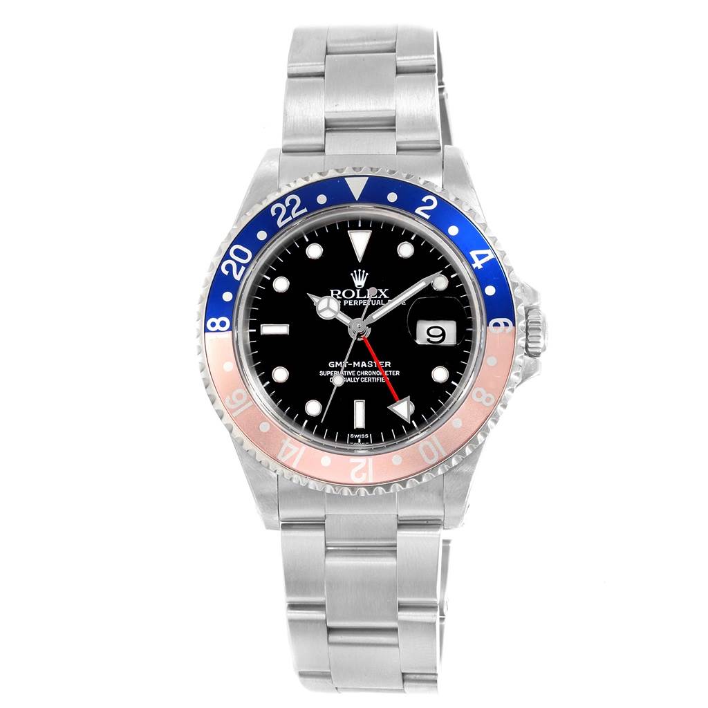 The Rolex GMT-Master 16700 Men's Stainless Steel Black Dial 16700 Men's Stainless Steel Black Dial watch is shown from a top-down angle, highlighting its dial, bezel, and bracelet.