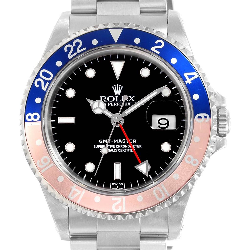The image shows a frontal view of a Rolex GMT-Master 16700 Men's Stainless Steel Black Dial 16700 Men's Stainless Steel Black Dial watch, highlighting the bezel, dial, hands, and bracelet.