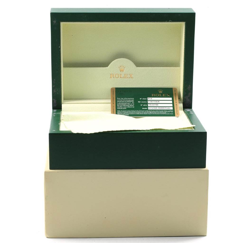 The image shows the open box and certification card for a Rolex GMT-Master 116710 Men
s Stainless Steel Black Dial 116710 Men
s Stainless Steel Black Dial watch, with no watch visible.