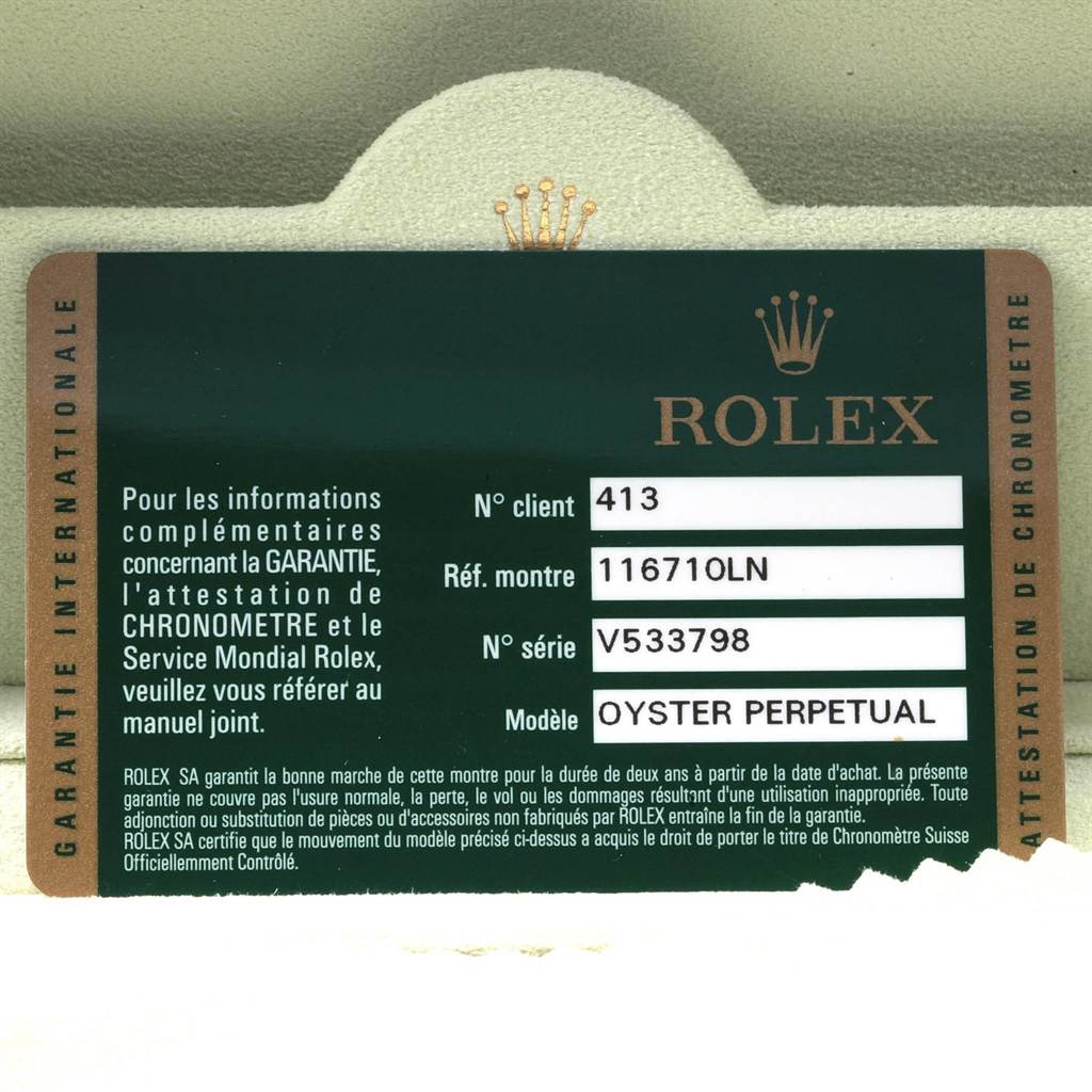This image shows the warranty card for a Rolex GMT-Master 116710 Men
s Stainless Steel Black Dial 116710 Men
s Stainless Steel Black Dial model, including the reference and serial numbers and the model name "Oyster Perpetual."