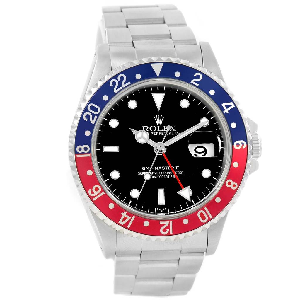 This image shows a front angle view of the Rolex GMT-Master 16710 Men's Stainless Steel Black Dial 16710 Men's Stainless Steel Black Dial II watch, highlighting its bezel, dial, and bracelet.