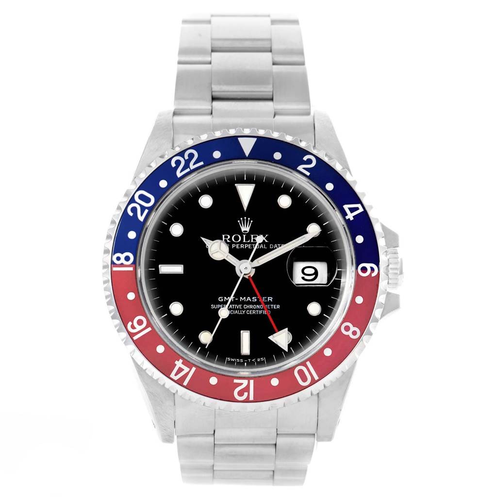This is a front view of a Rolex GMT-Master 16700 Men's Stainless Steel Black Dial 16700 Men's Stainless Steel Black Dial watch showing the face, bezel, hands, and bracelet.
