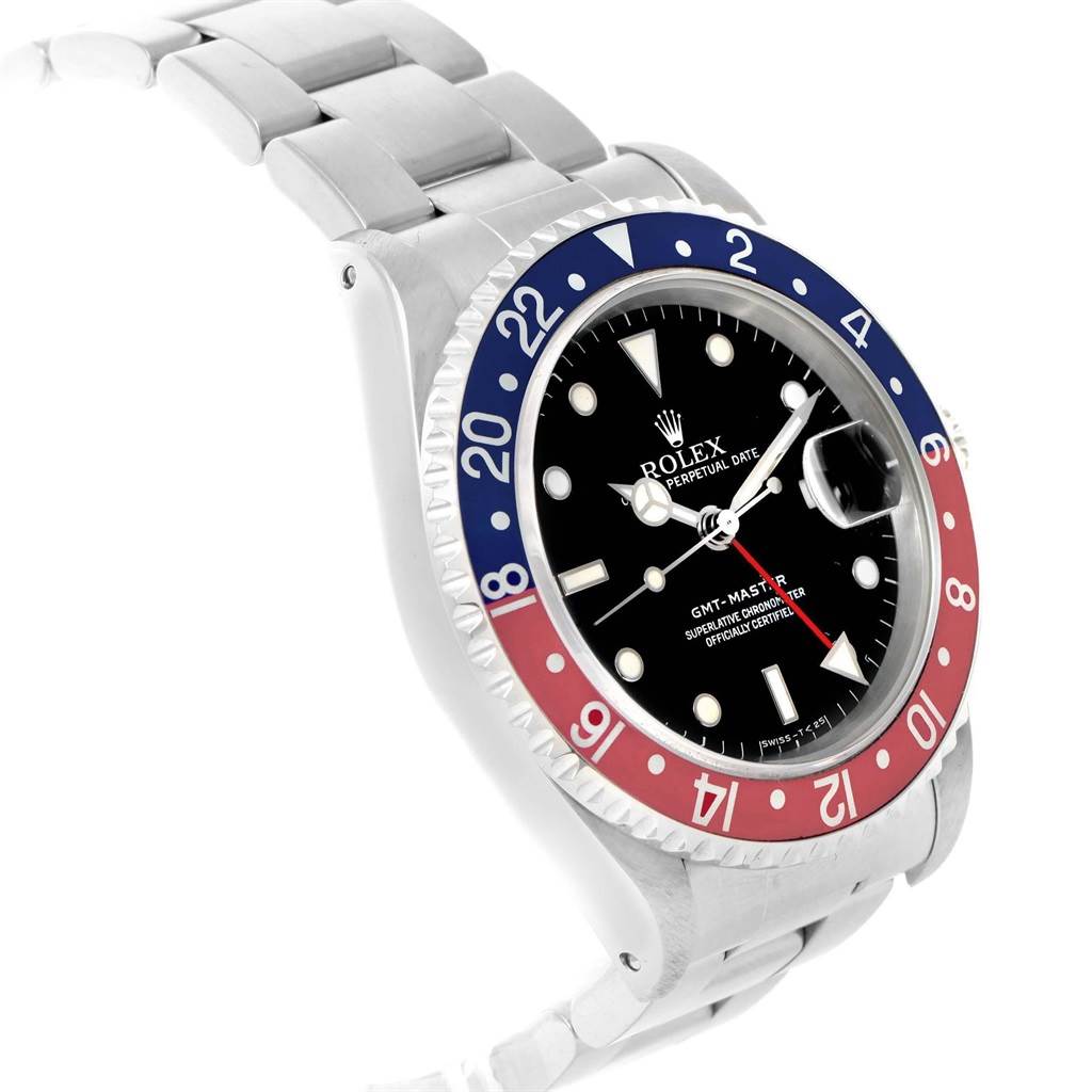 The Rolex GMT-Master 16700 Men's Stainless Steel Black Dial 16700 Men's Stainless Steel Black Dial watch is shown at an angle highlighting the bezel, dial, and part of the bracelet.