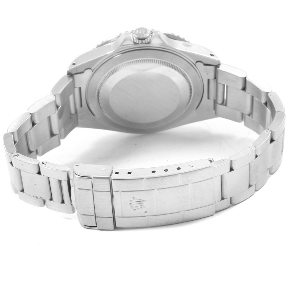 The image shows the backside and band of a Rolex GMT-Master 16710 Men's Stainless Steel Black Dial 16710 Men's Stainless Steel Black Dial watch, highlighting the clasp and case back.