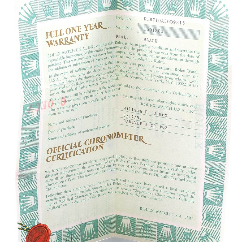 The image shows a warranty and certification paper for a Rolex GMT-Master 16710 Men's Stainless Steel Black Dial 16710 Men's Stainless Steel Black Dial watch.