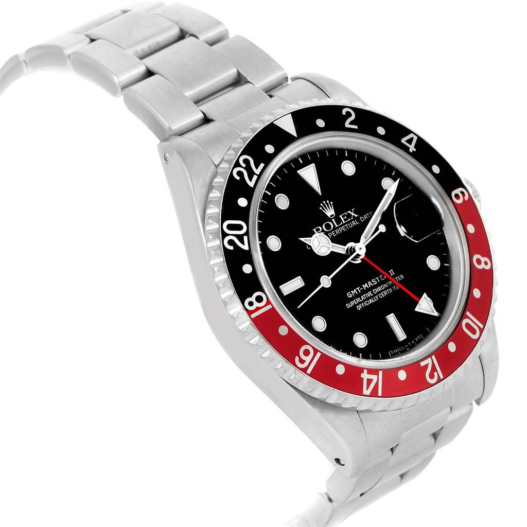 This image shows a side-angle view of a Rolex GMT-Master 16710 Men's Stainless Steel Black Dial 16710 Men's Stainless Steel Black Dial II watch displaying the bezel, dial, and bracelet.