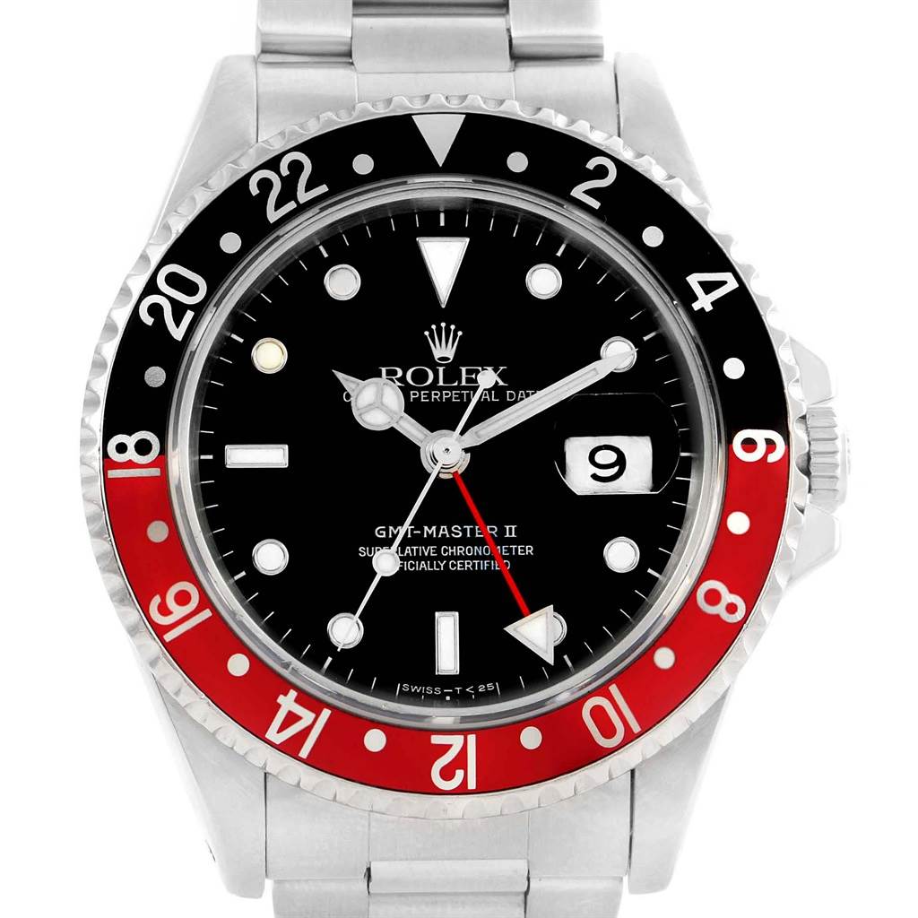The Rolex GMT-Master 16710 Men's Stainless Steel Black Dial 16710 Men's Stainless Steel Black Dial watch is shown from a front angle, highlighting the bezel, dial, hands, and part of the bracelet.