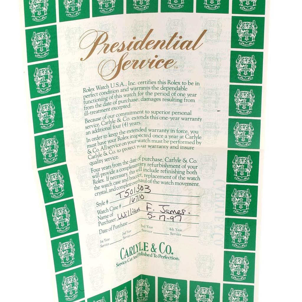 This image shows a Presidential Service document for a Rolex GMT-Master 16710 Men's Stainless Steel Black Dial 16710 Men's Stainless Steel Black Dial watch.