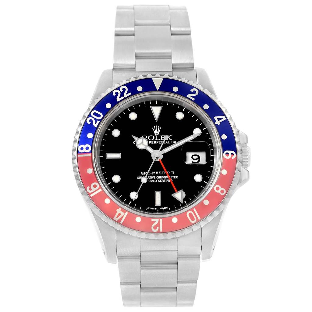 The image shows a front view of a Rolex GMT-Master 16710 Men's Stainless Steel Black Dial 16710 Men's Stainless Steel Black Dial watch with a blue and red bezel, black dial, and stainless steel bracelet.