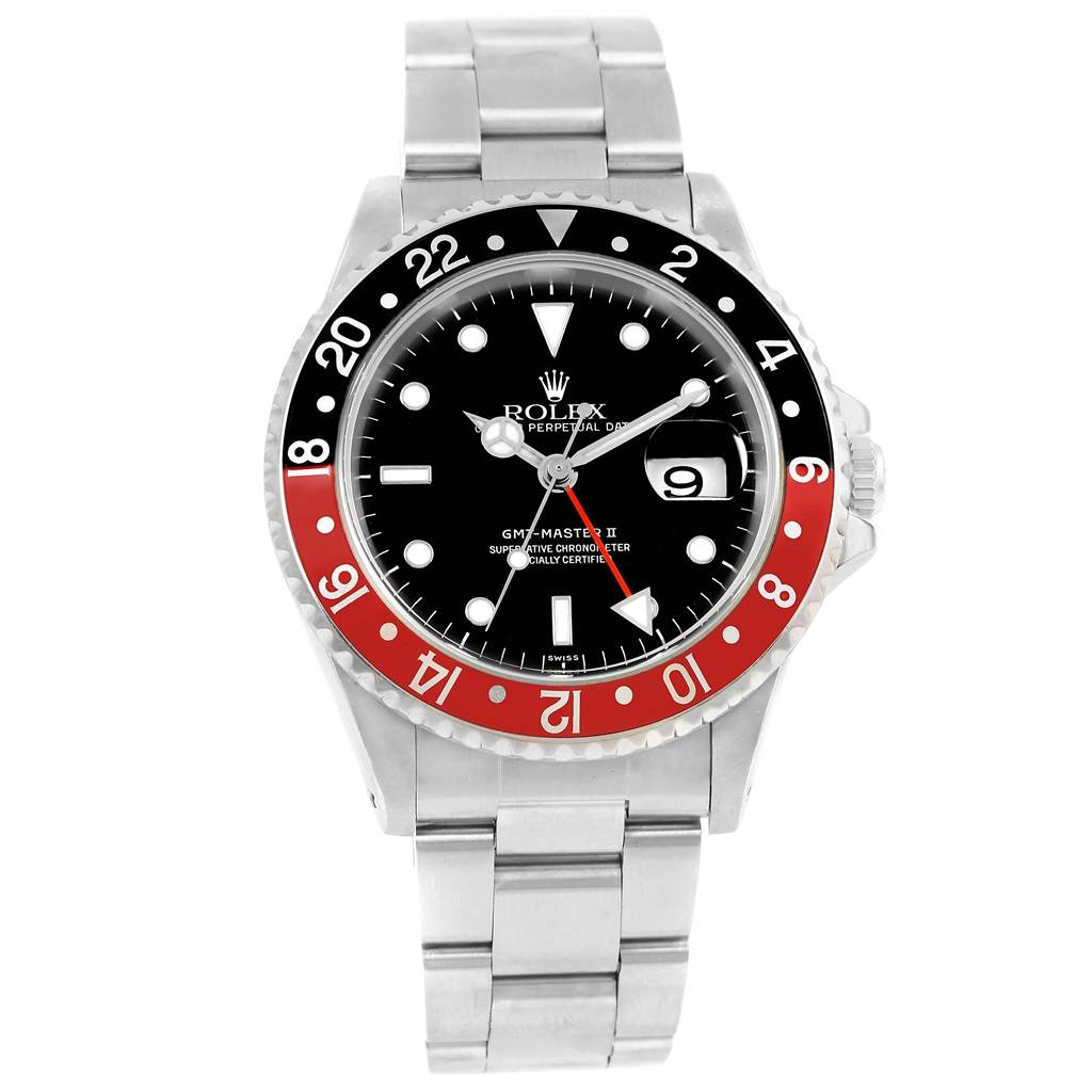 The Rolex GMT-Master 16710 Men's Stainless Steel Black Dial 16710 Men's Stainless Steel Black Dial watch is shown from a front view, showcasing its dial, bezel, and bracelet.