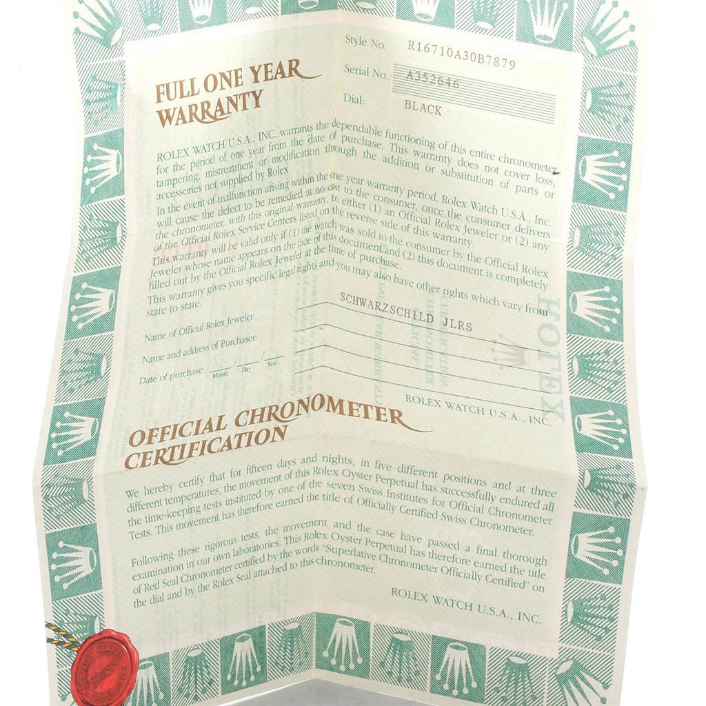 The image shows a folded warranty and certification document for a Rolex GMT-Master 16710 Men's Stainless Steel Black Dial 16710 Men's Stainless Steel Black Dial watch.
