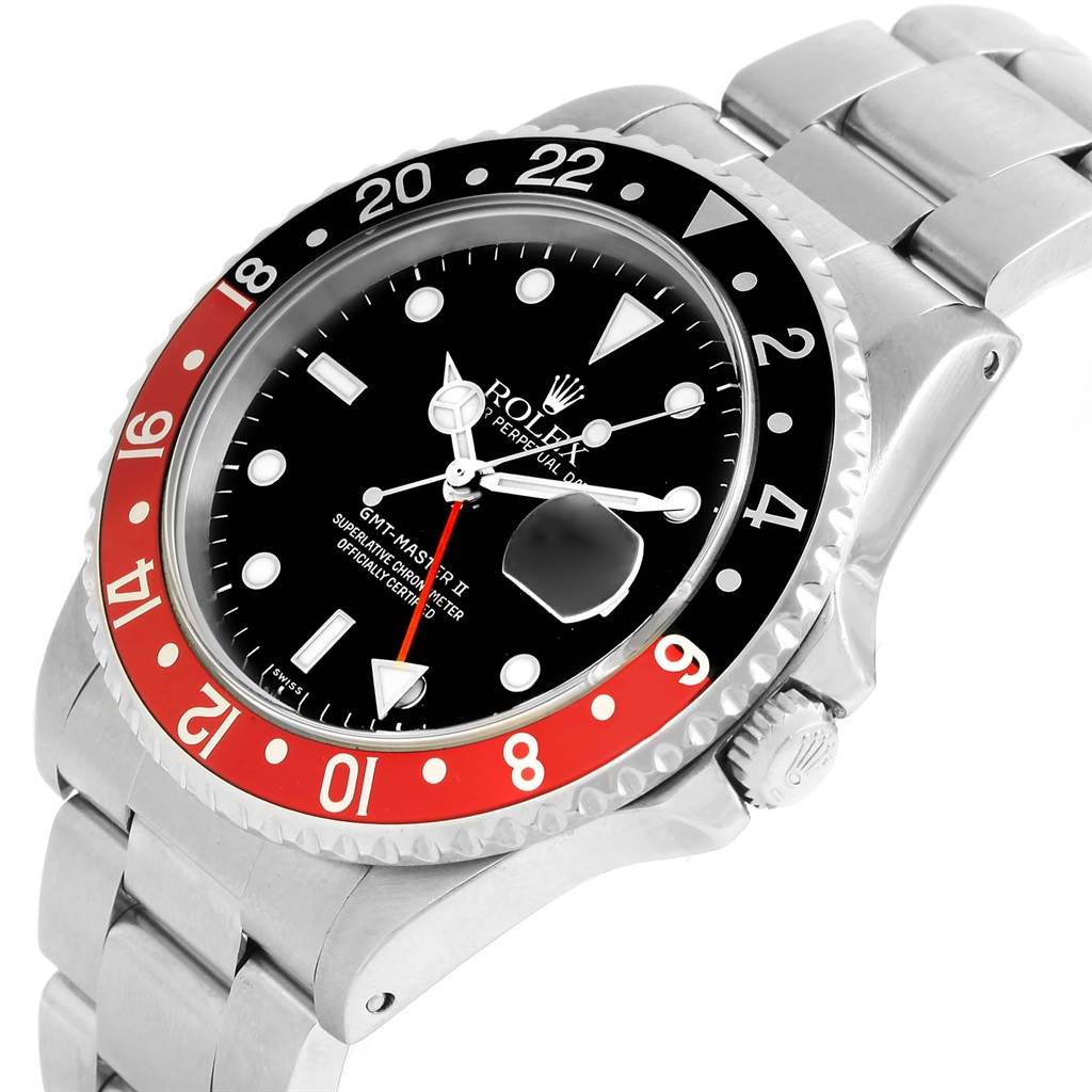 The Rolex GMT-Master 16710 Men's Stainless Steel Black Dial 16710 Men's Stainless Steel Black Dial II watch is shown from a slightly oblique angle, highlighting its bezel, dial, and part of the bracelet.