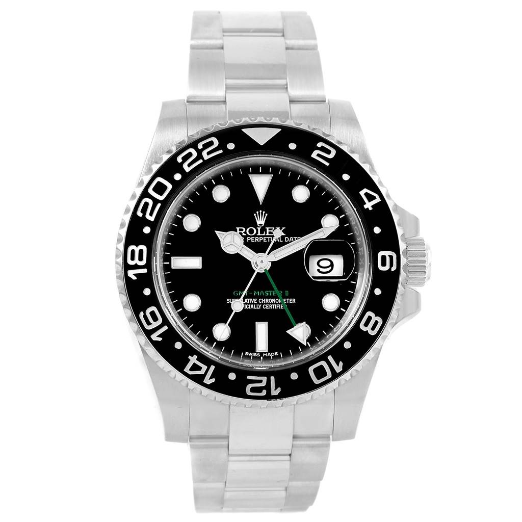 This image shows the front view of the Rolex GMT-Master 116710 Men
s Stainless Steel Black Dial 116710 Men
s Stainless Steel Black Dial watch, displaying its dial, bezel, and bracelet.