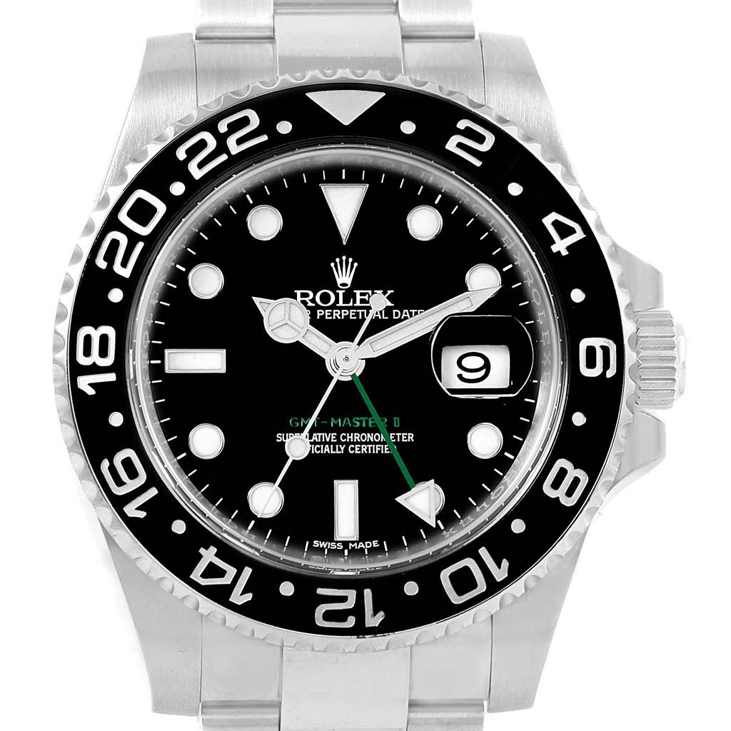 This image shows a front view of the Rolex GMT-Master 116710 Men
s Stainless Steel Black Dial 116710 Men
s Stainless Steel Black Dial watch, highlighting the bezel, dial, hands, and bracelet.